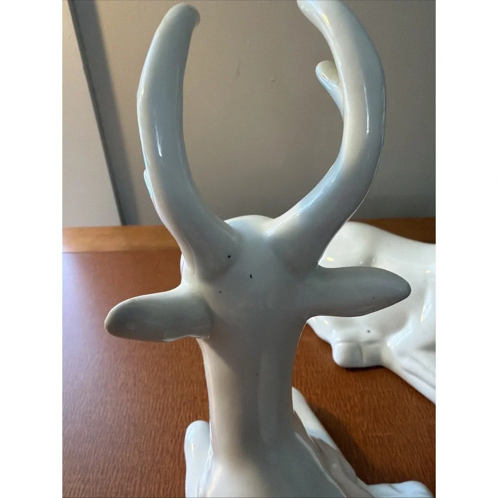 Vintage Pair Of White Porcelain Christmas Deer Buck Laying Figurine 8.5